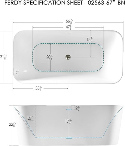 FerdY Maui 67" Acrylic Freestanding Bathtub, Contemporary Elegant Design Soaking Tub, Easy to Instal with Brushed Nickel Drain and Minimalist Linear Design Overflowl, 02563