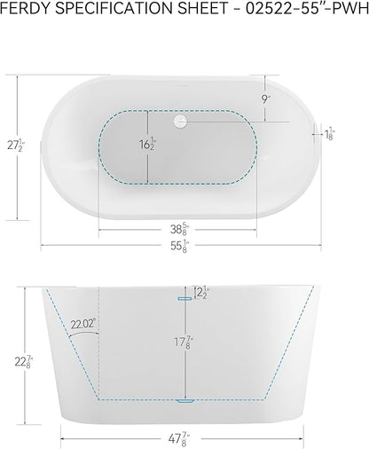 FerdY Shangri-La 55" Acrylic Freestanding Bathtub, Ergonomic Lightweight Classic Oval Soaking Bathtub with Polished White Drain, Minimalist Linear Design Overflow, Modern White