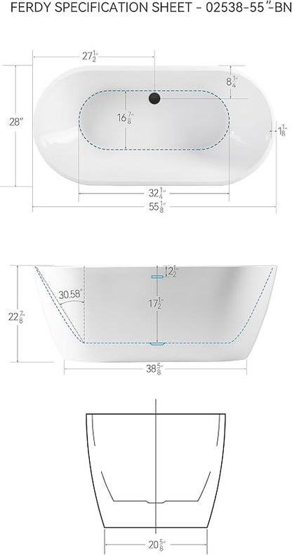 FerdY 55" Bali Acrylic Freestanding Bathtub, Gracefully Shaped Freestanding Soaking Bathtub, cUPC Certified, Toe-Tap Matte Black Drain