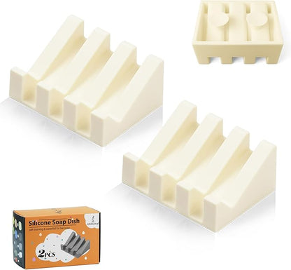 Silicone Soap Dish with Drain, Upgrade Double Suction Cups at The Bottom for Anti-Slip and Stability, Soap Dish Shower Waterfall Bar Soap Holder Tray with Drain Soap Holder (2, CreamWhite)