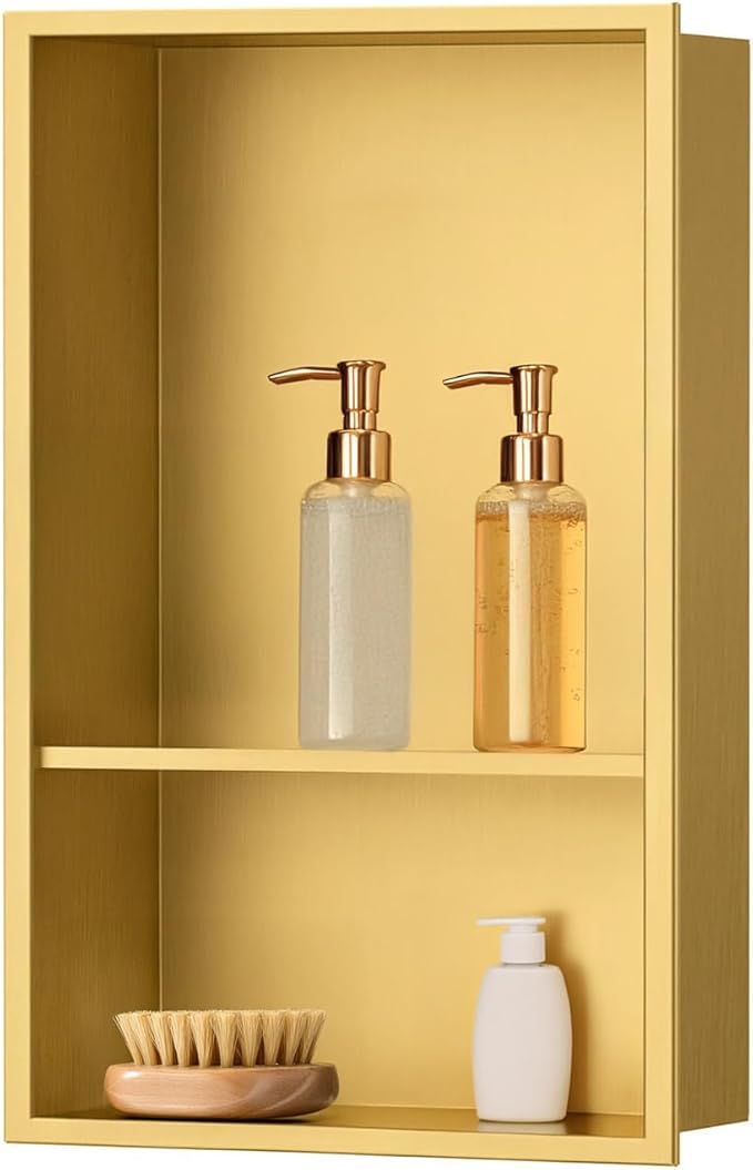 SaniteModar Shower Niche, Stainless Steel Niche for Shower Wall,18" x 12" No Tile Needed,Recessed for Bathroom Storage (Brushed Gold, 18" x 12" Double)