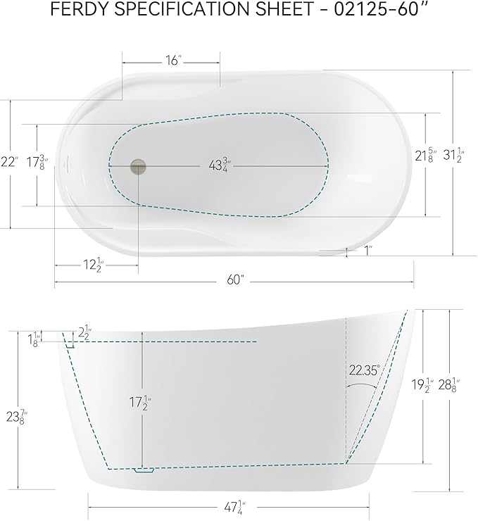 FerdY Lana'i 60" Freestanding Bathtub, Gracefully Shaped Freestanding Soaking tub, Glossy White, cUPC Certified, Brushed Nickel Drain & Overflow Assembly Included-02125