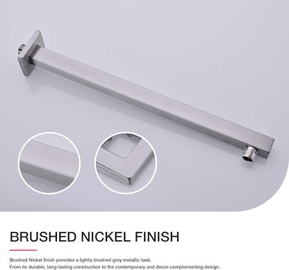 Square Shower Arm with Flange Heavy Duty Stainless Steel Rainfall Shower Head Extension Pipe, Bathroom Wall Mounted 16 Inch Extender Arm, Brushed Nickel