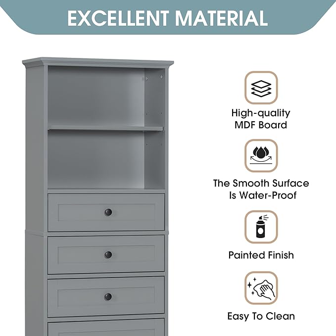 Favfurish 67" Tall Bathroom Storage Cabinet with Door and 3 Drawers,Modern Linen Cabinets w/Adjustable Shelf & 2-Tier Open Shelves,Freestanding Organizer for Bath Room,Study,Office,Grey