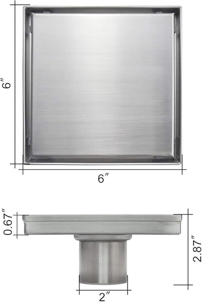 Square Shower Drain, Shower Drain 6 inch with 2 in 1 Tile-Insert Cover, Brushed AISI 304 Stainless Steel Shower Floor Drain with Hair Catcher