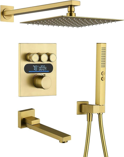 Lefton Shower System in Fahrenheit Display (Battery-free), 10” Overhead Shower Head with All-in-one Handheld Spray Showerhead and Bathtub Faucet, 4-in-1 Control System, SSWM2502 (Brushed Gold)