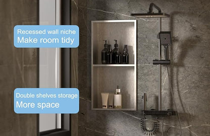 Stainless Steel no Tile Needed Metal Niche,Double Shelves，Stainless Steel Finished Shower Insert Wall Niche(Brush, 24 * 12 in)