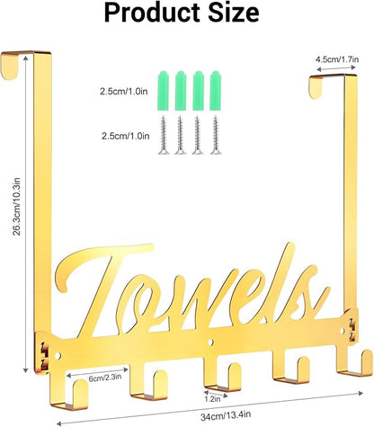 Over The Door Hooks, Towel Rack Towel Hooks for Bathroom, Towel Holder for Hanging Heavy Duty, Door Rack Over Door Hanger with 5 Coat Hooks for Bedroom Bathroom Kitchen（Light Gold）