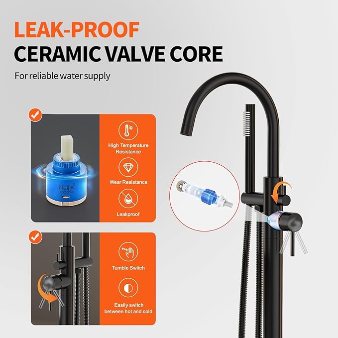 Freestanding Bathtub FaucetFloor Mount Bathtub Filler Shower Mixer Faucet with Handheld Shower Sprayer Swivel, Bottom Inlet，Matte Black