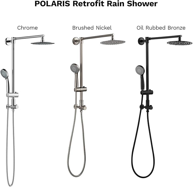 Fennocasa Polaris 1 Rain Shower System, includes 8” Rainfall Shower Head with High Pressure Handheld Combo, 3-Setting Handheld Spray, Height Adjustable Spray Holder, 60” Hose (Brushed Nickel)