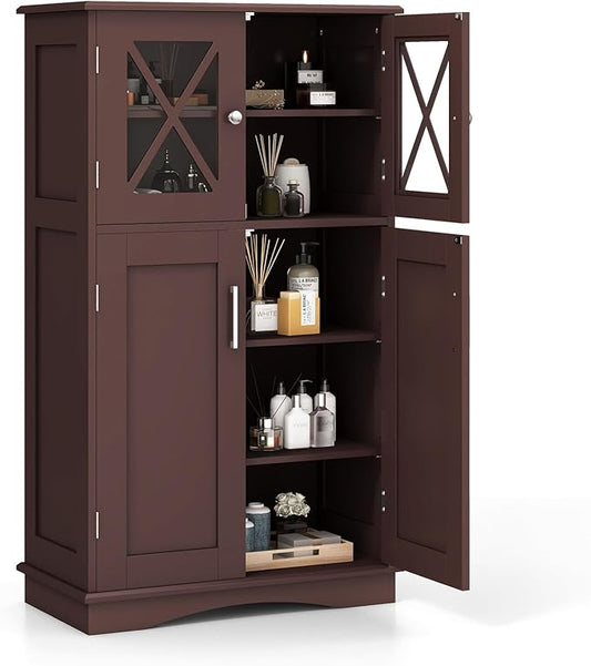 Tangkula Freestanding Floor Cabinet w/2 Glass Doors, 3-Level Adjustable Shelves, Anti-toppling Design, Kitchen Pantry Cupboard for Bathroom, Living Room (Brown)