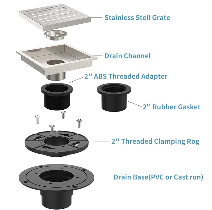 6 Inch Square Shower Floor Drain, Brushed Nickel High Flow Shower Drain Kit with Flange with Hair Filter, Removable Grate Cover, Stainless Steel, Abs Fixing Tray, CUPC Certified(Brushed Nickel)