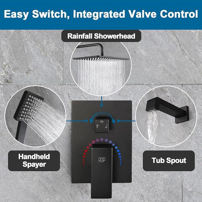 POP SANITARYWARE Matte Black Shower Tub Faucet Set Bathroom Rain Shower System with Tub Spout Wall Mounted Rainfall 10 Inch Shower Head and Handle Set Include Shower Valve and Trim Kit