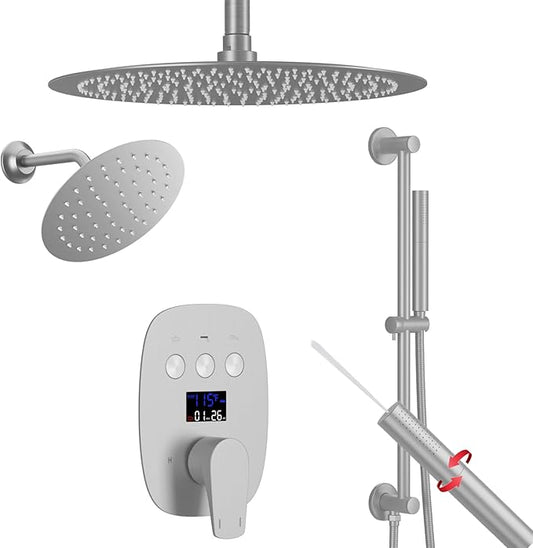 Brushed Nickel Shower System 3-Function Ceiling Shower Faucet Set with 12" and 8" Rainfall Dual Shower Head and Handheld Shower with Adjustable Slide Bar, Full Body Shower System Fixture