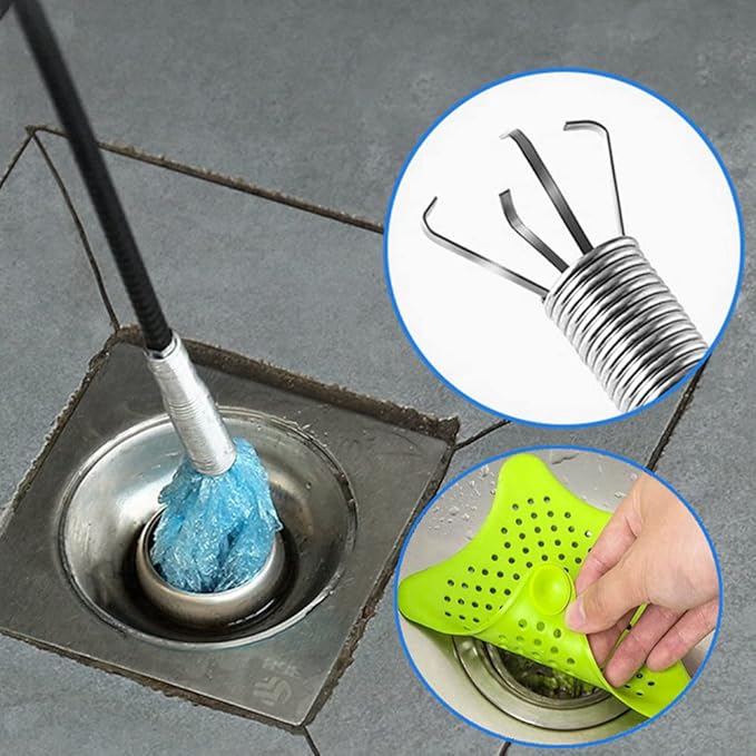 63 inch Drain Clog Remover Flexible Snake Sink Hair Cleaner Toilet Shower Drain Hair Catcher Extra Strength Grabber Claw Pick Up Reacher Tool With 4 Claws For Bathroom Bathtub + Silicone Sink Strainer