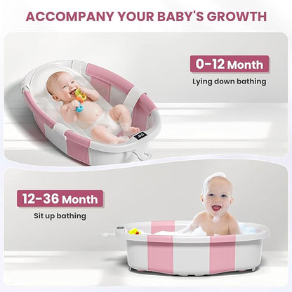 Collapsible Baby Bathtub, Baby Tubs for Newborns with Soft Cushion & Thermometer & Toy Organizer Mesh Bag, Infant Bathtub to Toddler 0-36 Months, Portable Travel Newborn Baby Bathtubs (Pink)