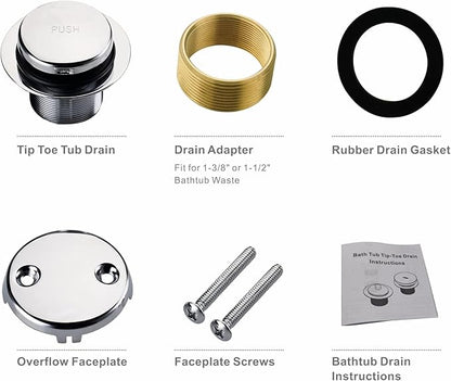 Chrome Tub Drain Tip-Toe Tub Trim Set Conversion Kit Assembly, Hidrop Bathtub Drain Replacement Trim Kit with 2-Hole Overflow Faceplate and Universal Fine/Coarse Thread, Chrome