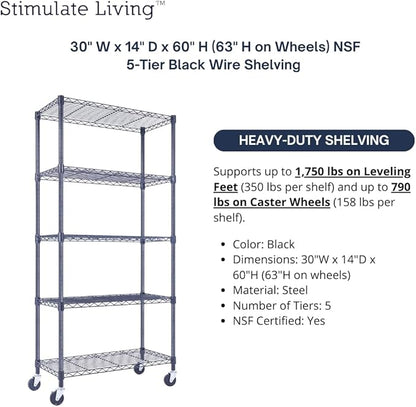 30"x14"x60" PRIME HEAVY DUTY Black 5-Tier Wire Shelving 1,750 LBS MAX Capacity Storage Rack for Commercial, School, Home, Garage, Warehouse, Industrial, and Hospital Uses (with Wheels)