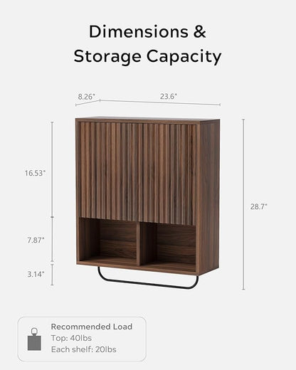 Fluted Wall Cabinet Set of 2, Wooden Bathroom Medicine Cabinet Storage with 2 Doors, Adjustable Shelf and Towels Bar, Modern Wall Mount Large Floating Cabinet for Kitchen Brown