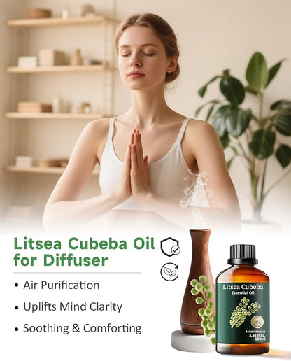 Mumianhua Litsea Cubeba Essential Oil 100% Pure Litsea Cubeba Oil Natural May Chang Essential Oil for Aroma & Diffusers, Massage, Skin Care, Hair Care, Candle & Soap Making 3.38 Fl Oz