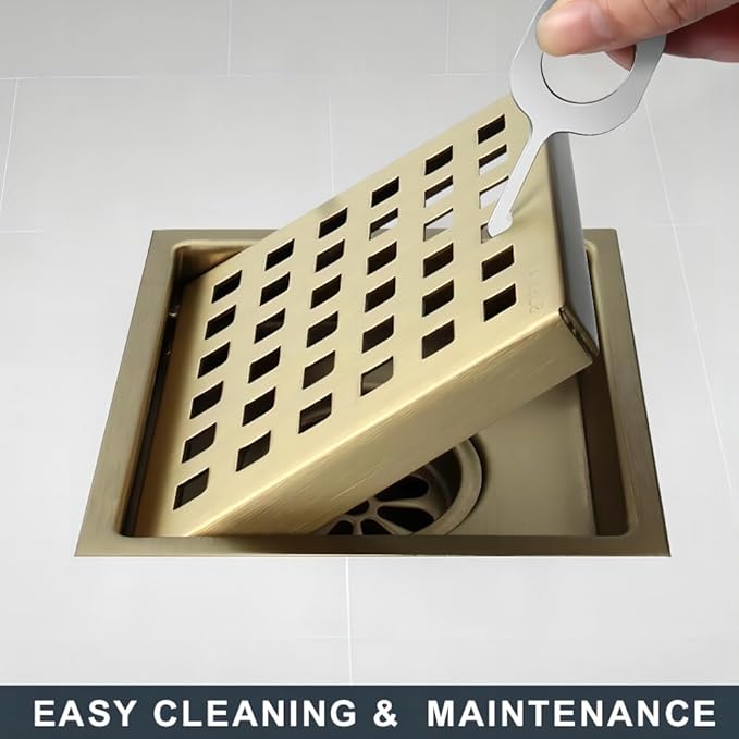 6 Inch Square Shower Floor Drain, Stainless Steel Flange with Removable Grid Cover Hair Strainer, Golden Brushed Nickel
