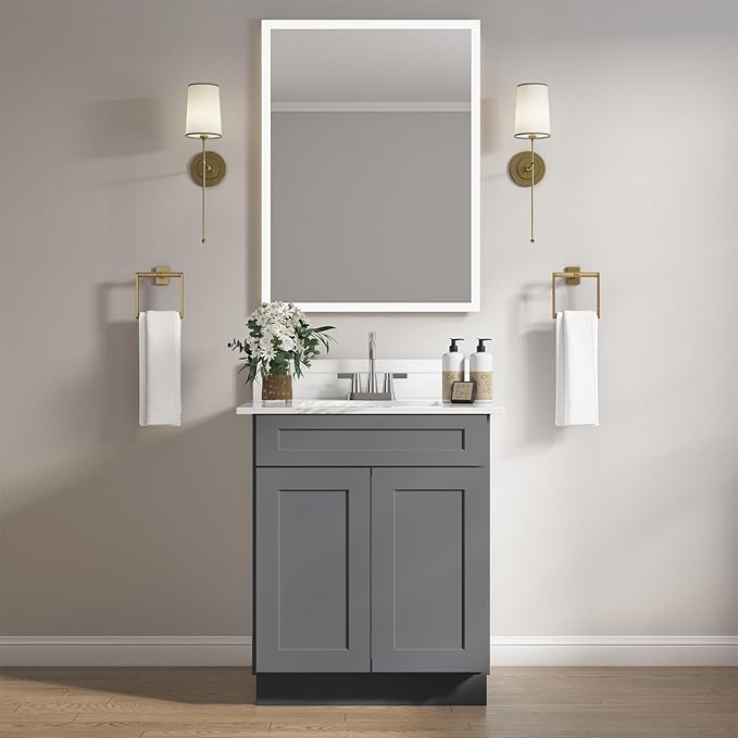 ROOMTEC Bathroom Cabinet, 27'' Free Standing Single Bathroom Vanity with 1 False Drawer and 2 Doors,Morden Bathroom Sink Vanity Storage Cabinet, Shaker Gray