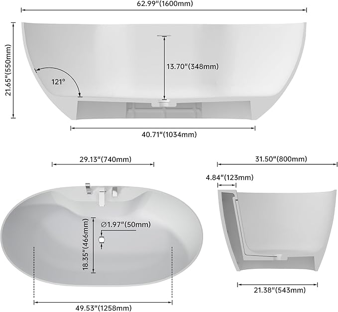 63" Premium Solid Surface Freestanding Bathtub with Three Holes Faucet, Contemporary Design Stand Alone Stone Resin Tub with Overflow and Pop-up Drain, Matte White