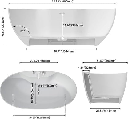 63" Premium Solid Surface Freestanding Bathtub with Three Holes Faucet, Contemporary Design Stand Alone Stone Resin Tub with Overflow and Pop-up Drain, Matte White