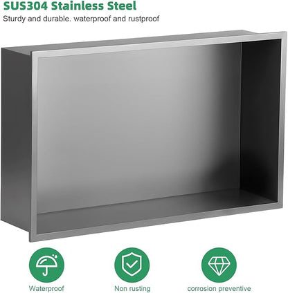 SaniteModar Shower Niche, Stainless Steel Shower Niche 12" X 24" No Tile Needed, Recessed for Bathroom Storage, Gray (Gray, 12x24)