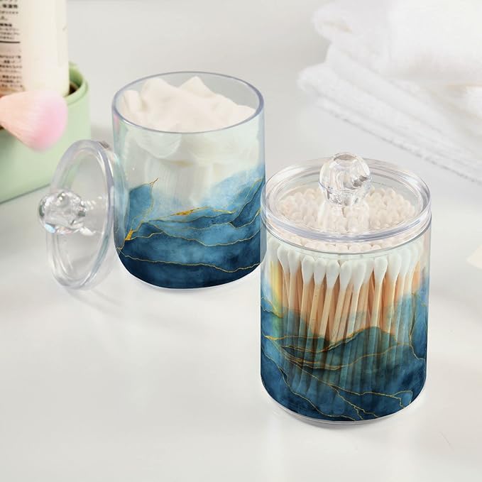 MNSRUU 2 Pack Qtip Holder Organizer Dispenser Blue Watercolor Marble Bathroom Storage Canister Cotton Ball Holder Bathroom Containers for Cotton Swabs/Pads/Floss