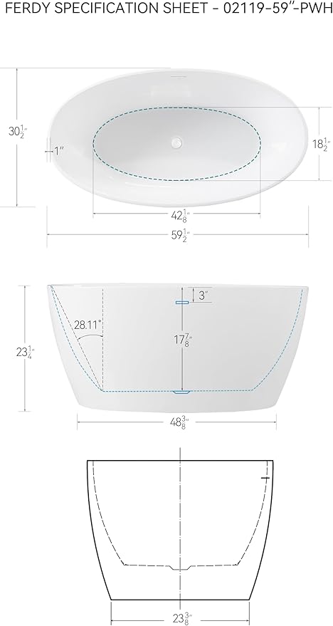 FerdY Tahiti 59" Acrylic Freestanding Bathtub, Elegant Oval Shape Bathtub, Glossy White, Polished White Drain & Integrated Slotted Overflow Assembly Included cUPC Certified