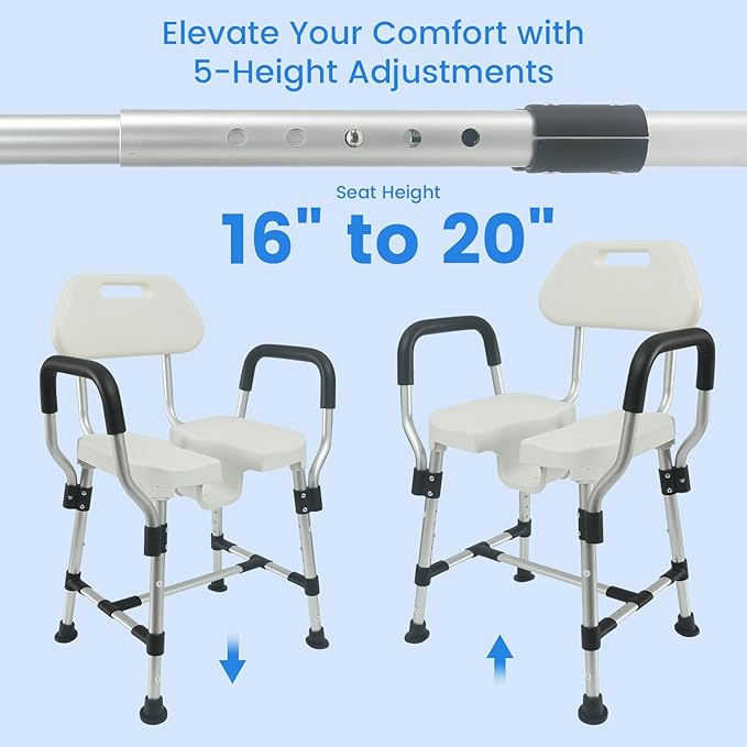 U-Shaped Shower Chair for Inside Shower, Heavy Duty Triple-Bar Base Reinforcement, with Arm and Back for Elderly and Disabled, Adjustable Height, Effortless Personal Hygiene Access
