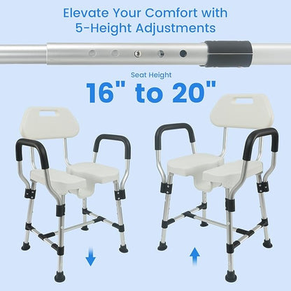 U-Shaped Shower Chair for Inside Shower, Heavy Duty Triple-Bar Base Reinforcement, with Arm and Back for Elderly and Disabled, Adjustable Height, Effortless Personal Hygiene Access