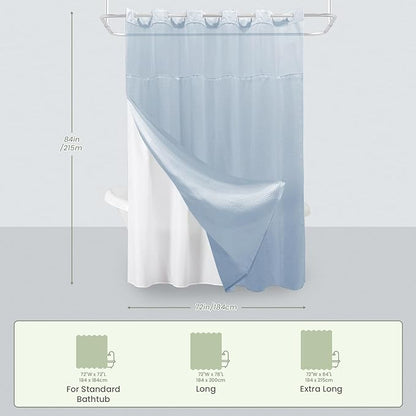 Inhousolu Extra Long No Hook Shower Curtain with Snap in Fabric Liner Set Waffle Weave 230GSM Weighted Hem, Waterproof & Washable Bathroom Curtain Spa Luxury with Mesh Top Window 72"W x 84"L Fog Blue