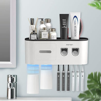Toothbrush Holders Wall Mounted, Toothbrush Holder with Automatic Toothpaste Dispensers, 6 Brush Slots, 2 Magnetic Cups,1 Cosmetic Drawer Organizer and 1 Large Storage Tray
