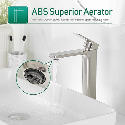 VOTON Brushed Nickel Vessel Sink Faucet Single Handle Tall Bathroom Sink Faucet Vanity Bathroom Faucet Basin Mixer Tap with Water Supply Hose and Pop Up Sink Drain