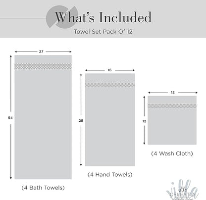 100% Cotton Bath Towel Set of 12-4 Bath Towels, 4 Hand Towels, 4 Wash Cloths, Sustainable, Soft, Highly Absorbent, Combed Cotton 12 Piece Set for Hotels, Spa, Bathroom, Dorm, Grey