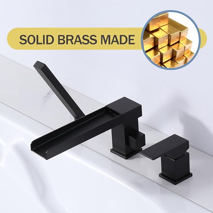 Waterfall Roman Tub Filler Faucet, Deck Mount Bathtub Filler with 360°Swivel Spout, 3 Holes Bathroom Tub Faucet with Sprayer, Matte Black