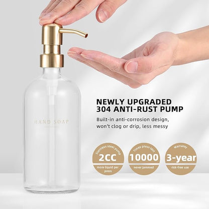 Glass Soap Dispenser - Dish Hand Soap Dispenser Set for Kitchen, Bathroom Soap Lotion Dispenser with 304 Rust Proof Pump, Tray, Clear Bottle/Gold Pump