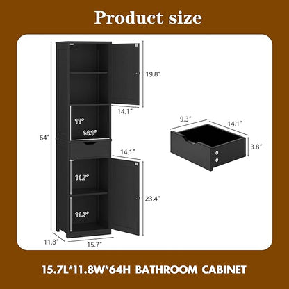 Walsunny Tall Bathroom Storage Cabinet with Freestanding Adjustable Shelves, Narrow Storage Linen Cabinet with 2 Doors and 1 Drawers for Bathroom, Living Room, Kitchen, Black