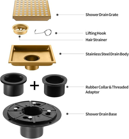 Shower Drain, Brushed Gold 6 inch Shower Floor Square Drain with Flange, Removeable Grid Panel SUS 304 Stainless Steel Square Shower Drain