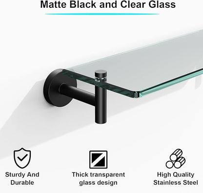 Glass Shelves for Bathroom,16-Inch Matte Black Floating Bathroom Shelf Stainless Steel Tempered Glass Shelf Modern Shelves Wall Mounted