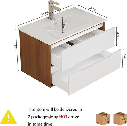 32" Wall Mounted Bathroom Vanity with Sink, Modern Floating Cabinet, Two-Tone Walnut & White Finish, 2 Soft Close Drawers, Handleless Design, Integrated Ceramic Top
