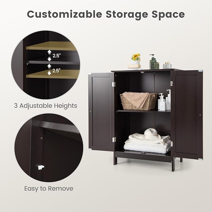 Tangkula Freestanding Storage Cabinet with Double Doors and Shelf, Modern Home Furniture, Wooden Home Organizer for Living Room, Bathroom Storage, Brown