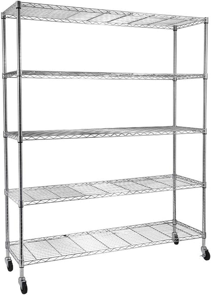 5 Tier Storage Racks Shelving, Heavy Steel Pantry Shelves, Adjustable Wire Shelving Rack with Wheels, Suitable for Garage, Kitchen, Bathroom, Office, 59" W x 18" D x 71" H, Chrome