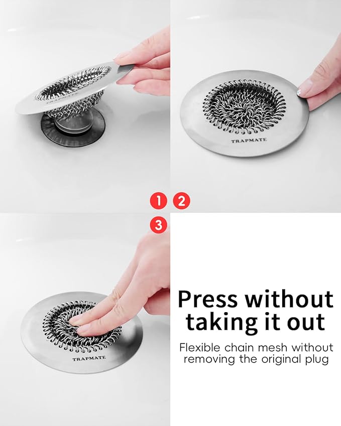 TRAPMATE Shower Drain Hair Catcher, 4.4" Easy Clean Bathtub Drain Hair Catcher, Anti-Slip Bath Tub Drain Protector, Upgraded 304 Stainless Steel Shower Sink Drain Cover for Bathroom (Patented Product)