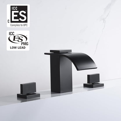 sumerain Black Waterfall Tub Faucet Deck Mount 3 Hole Widespread Bathtub Faucet with Valve