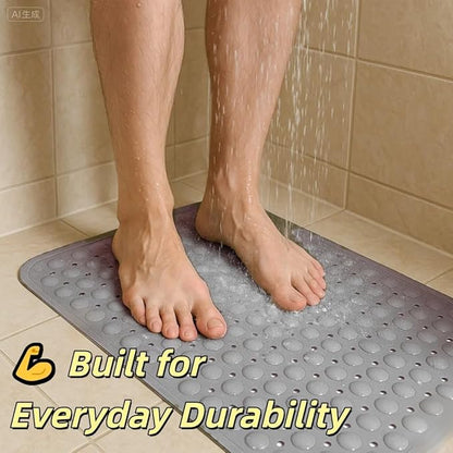 Bath and Shower Safety Mats 27.5x15 inch, Non Slip with Strong Suction Cups for Bathroom Stall and Tub Floor, Extra Large and Machine Washable, Drain Holes Keep Bathtub Clean, Soft on Feet, Light Grey
