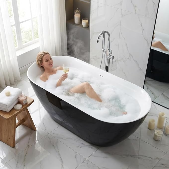 67" Freestanding Acrylic Bathtub, Deep Soaking Tub with Non-Slip Base & Chrome Drain, cUPC Certified, Black Symmetrical