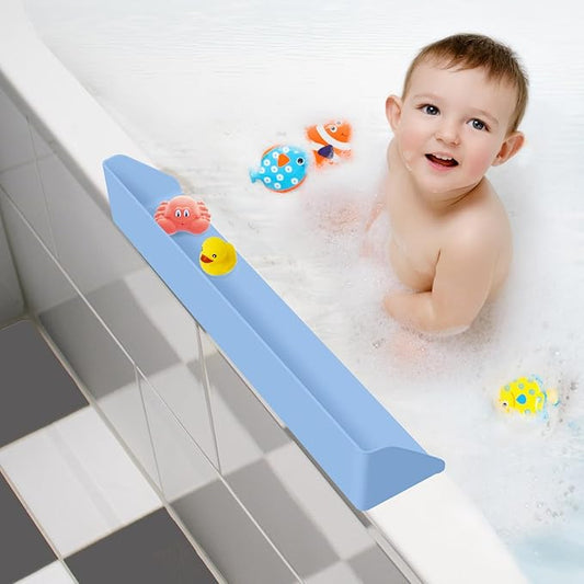 Splash Guard for Bathtub, 3.8" x 3.6" Silicone Bath Tub Splash Guard with 6 Suction Cups, Bathtub SplashGuard Play Shelf Area for Kids with 3°Drainage Slope for Faster Drying - Blue